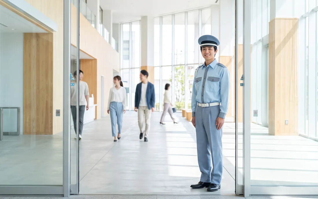 施設の入口で警備にあたる施設警備員